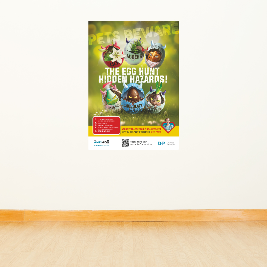 A spring pet dangers poster on a vet practice wall