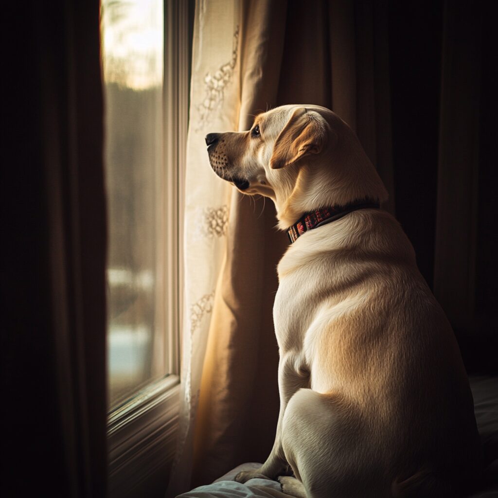 A Labrador dog sits by the window waiting for its owner to come home.4