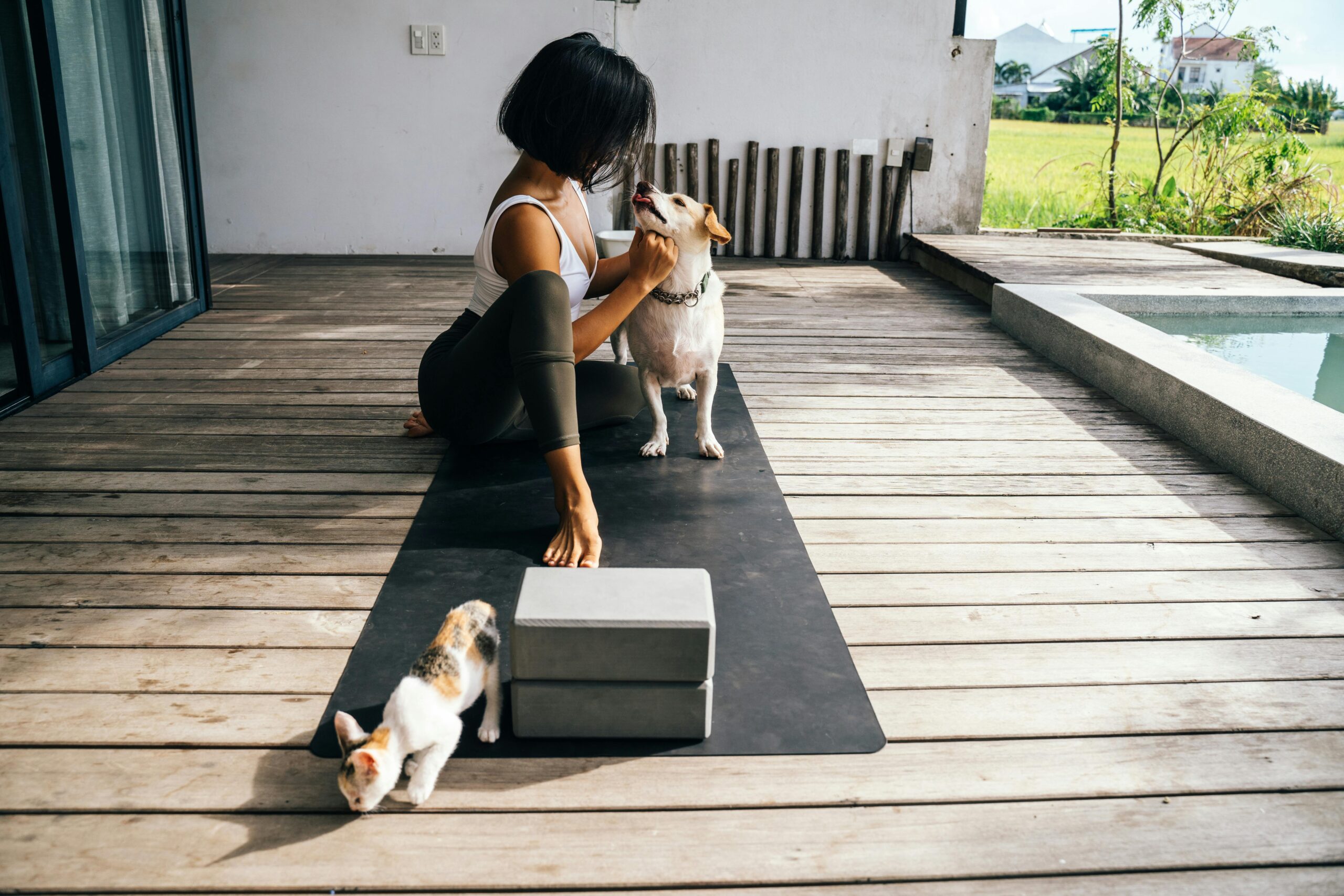 Woman doing yoga to relax with her cat and dog